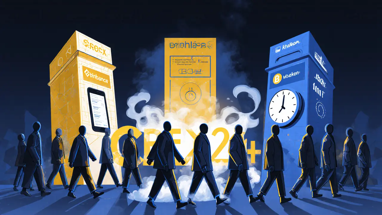 Traders walking away from fading Crex24 sign toward established exchanges with fast withdrawals.