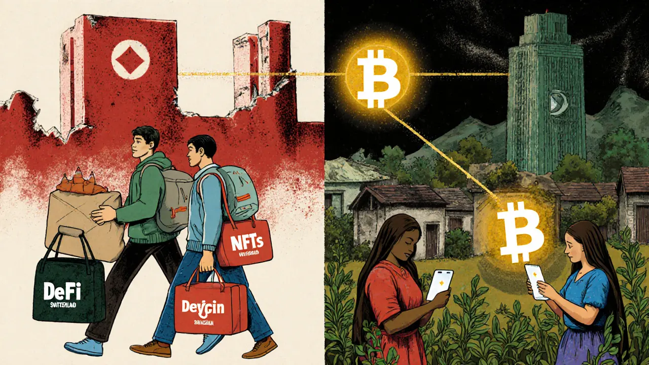 Tunisian youth emigrating while women in rural areas use crypto to sell goods, connected by a blockchain.