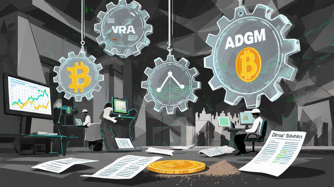 Workers in a Dubai fintech hub surrounded by regulatory gears while tax forms crumble below.