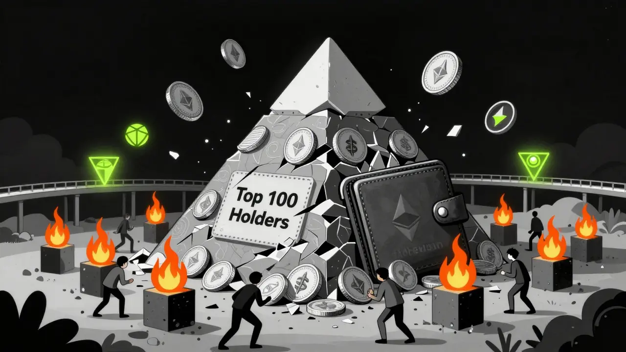 A collapsing MEME token pyramid with top holders weighing it down, bridge to cheaper chains in distance.