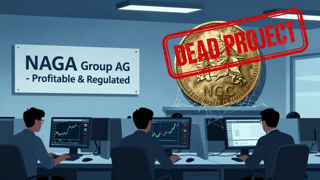 A corporate office ignoring a forgotten NGC token on a shelf, marked with a &#039;DEAD PROJECT&#039; stamp