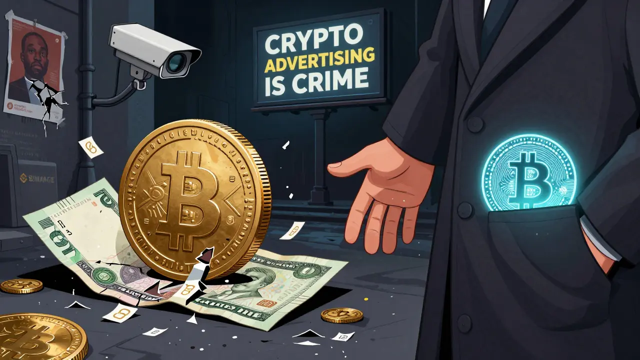 A crumbling rial coin crushed by a surveillance-filled digital rial coin, with a hidden Bitcoin glowing in a pocket amid banned crypto ads.