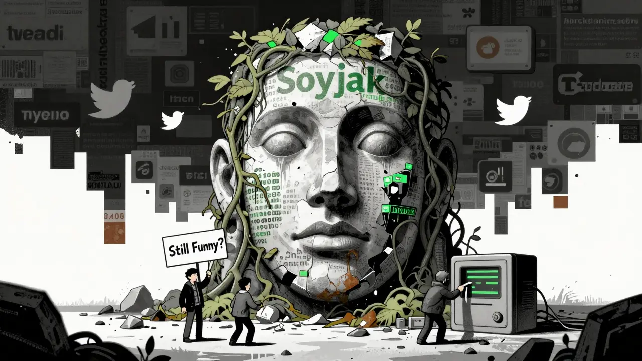 A crumbling Soyjak monument overgrown with blockchain vines, tiny figures trading it like a relic.