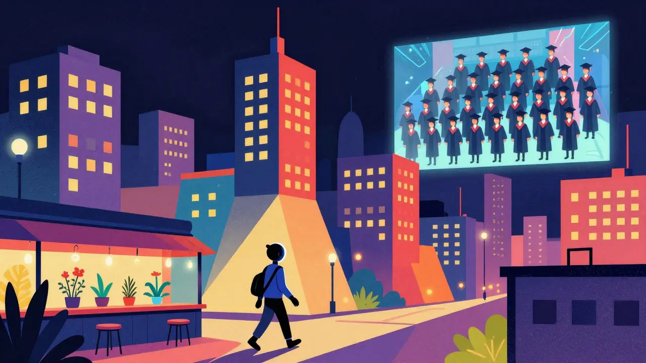 A cyberpunk city at night with digital buildings, blooming virtual plants, and a holographic graduation ceremony.