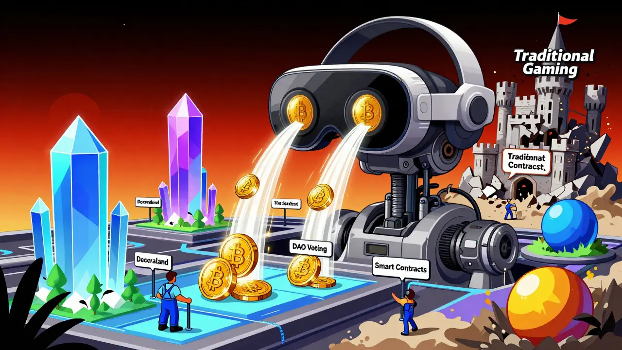 A futuristic VR headset channels crypto streams into interconnected virtual worlds, replacing traditional gaming.