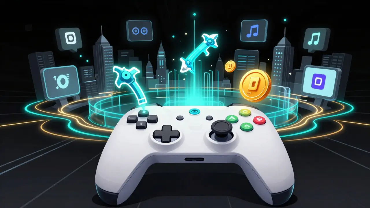A gaming controller transforming into blockchain icons and decentralized apps in bold geometric forms.