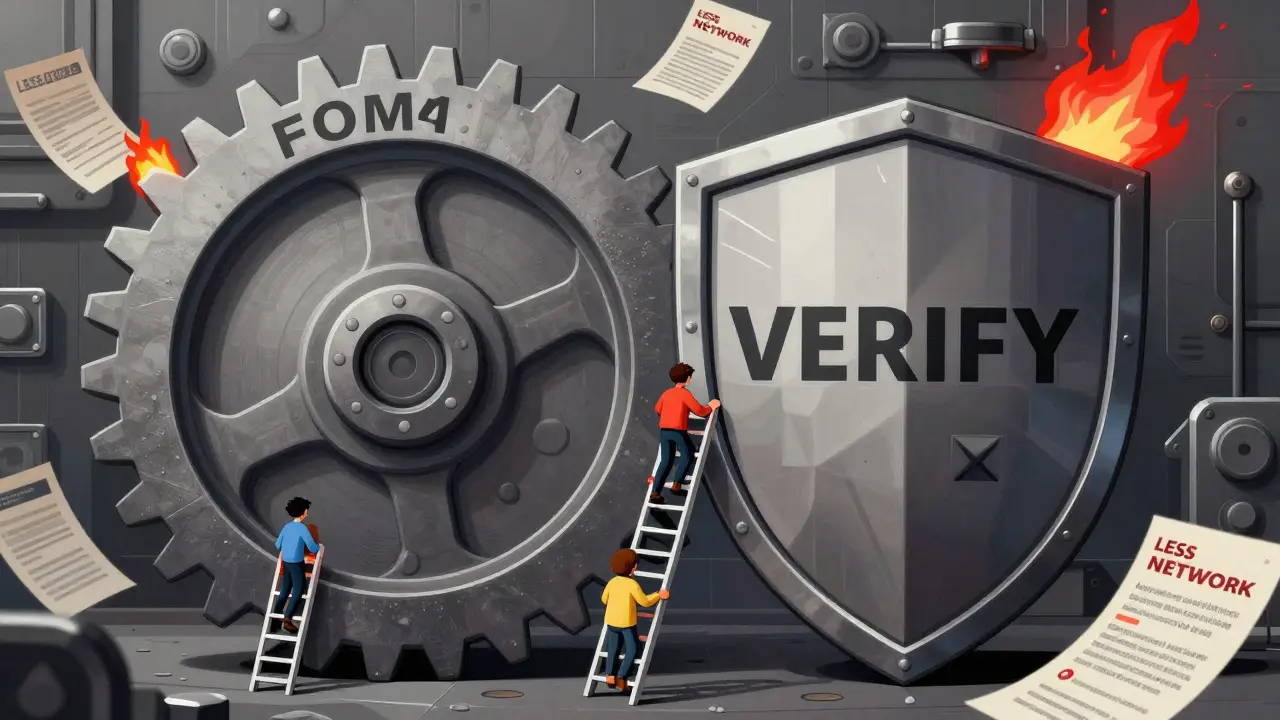 A giant FOMO gear grinding against a VERIFY shield, with users climbing ladders of blockchain tools and burning fake airdrop flyers.