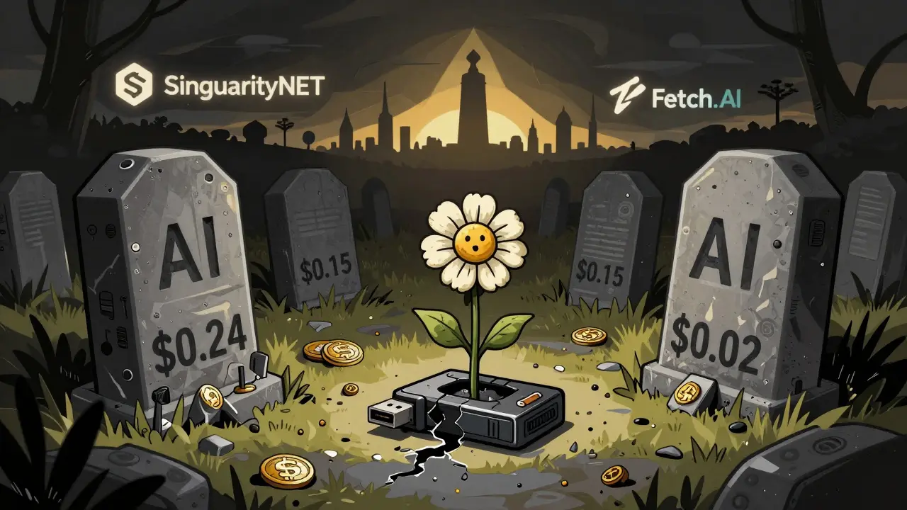 A graveyard of crypto tokens with headstones, one wilted flower growing from a USB drive.