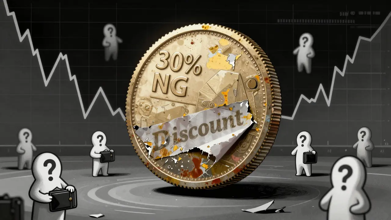 A hollow NGC token surrounded by ghostly users with empty wallets, fading discount banners peeling away