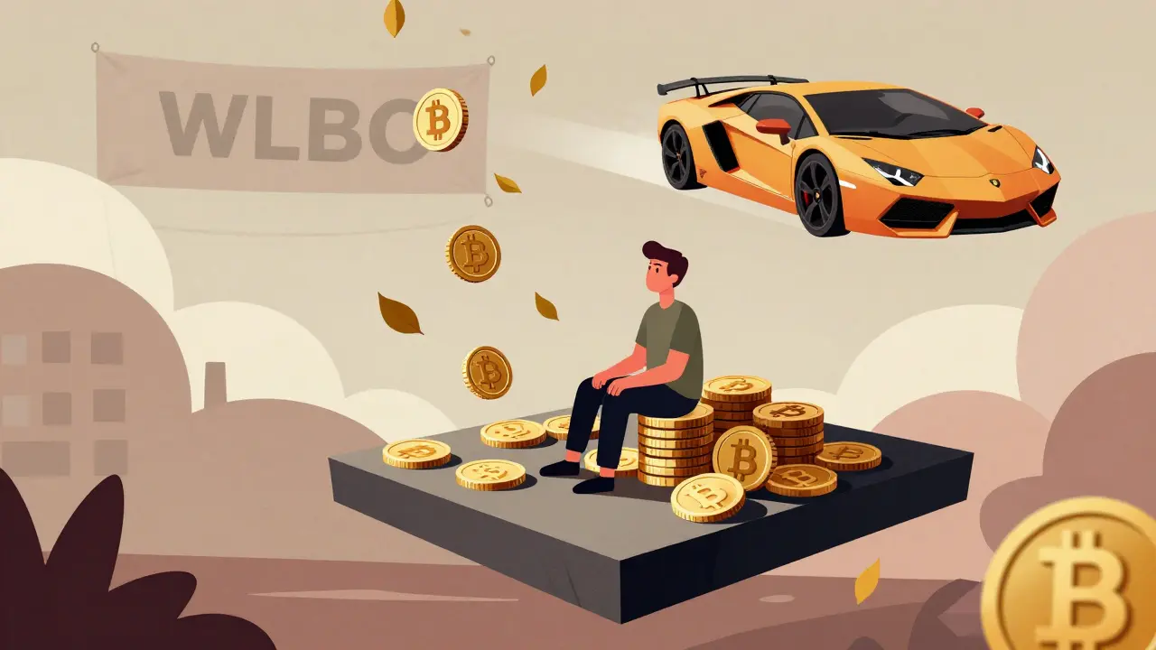 A lone holder surrounded by accumulating WLBO tokens, with a distant Lamborghini balloon and charity banner in the background.