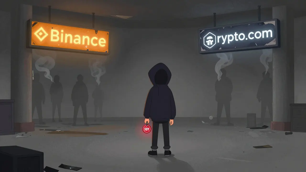 A lone person holding a SOY token in an abandoned crypto exchange with fading neon signs.