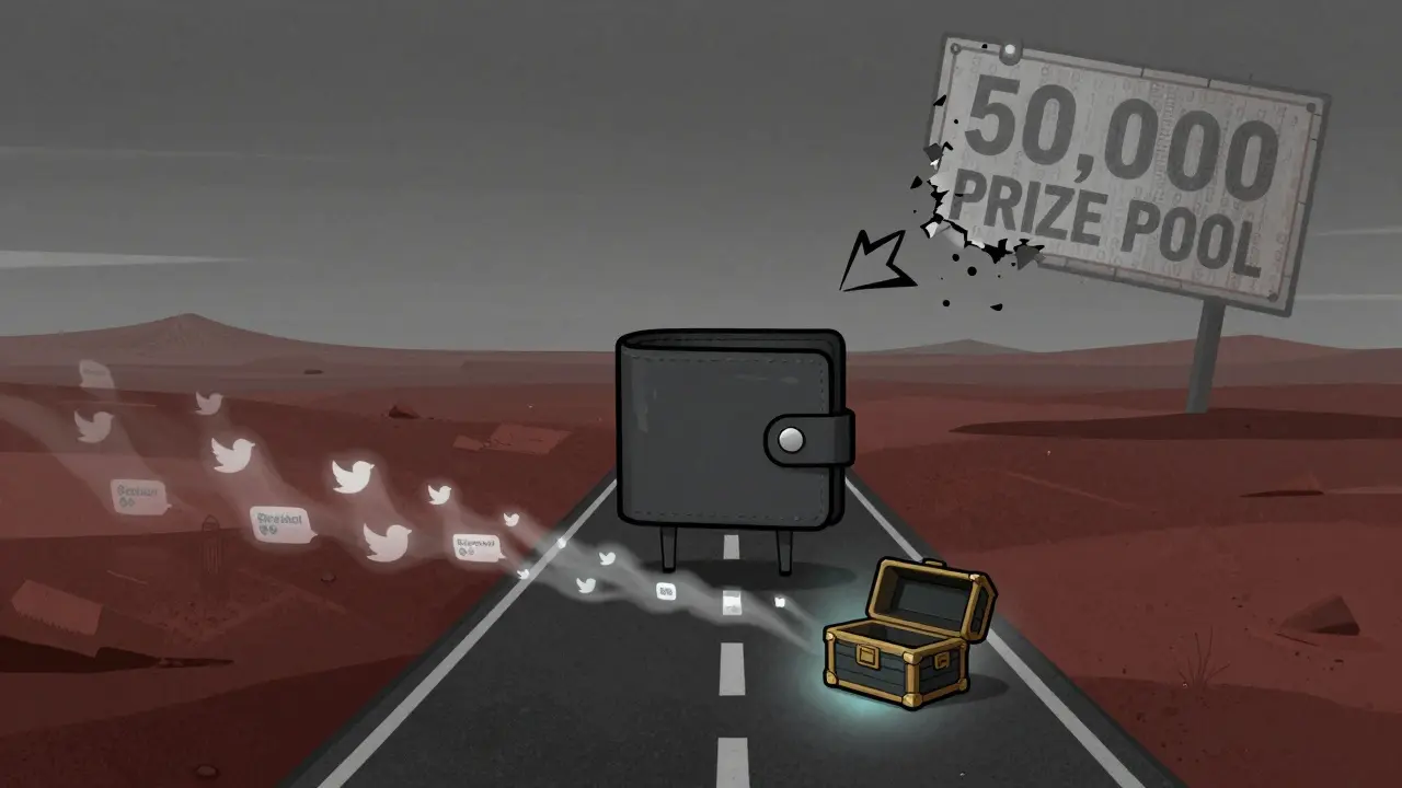 A lone wallet stands on a barren blockchain road with a single fading chest at its feet and broken signs above.