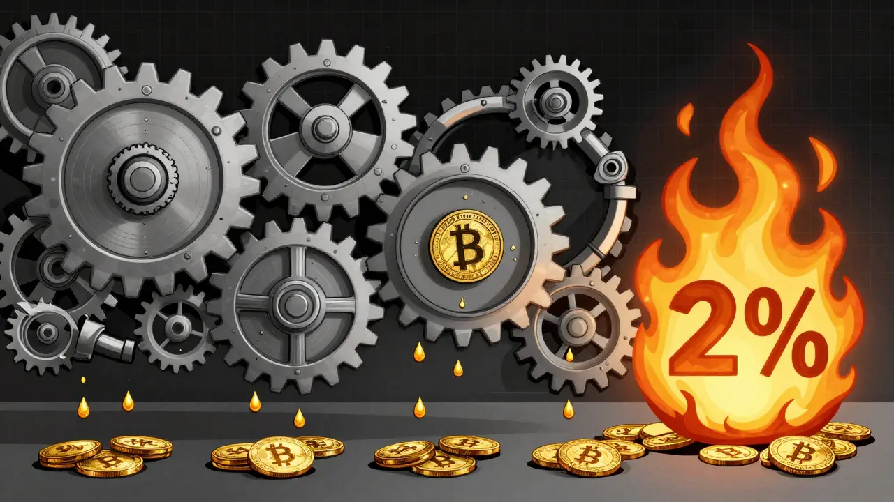 A mechanical chain of WLBO tokens rotating, with golden rewards raining down and a burning section consuming part of the chain.