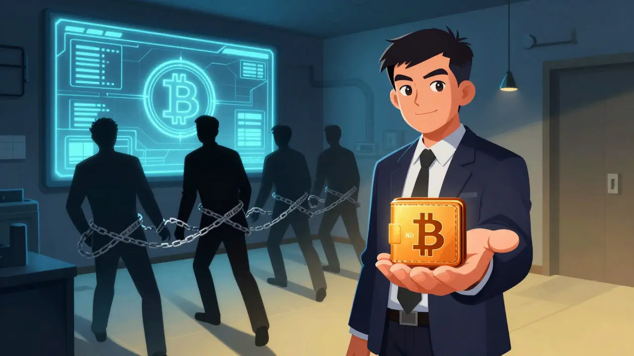 A person holds a Bitcoin wallet while chains labeled with China&#039;s crypto ban bind their arms, under surveillance.