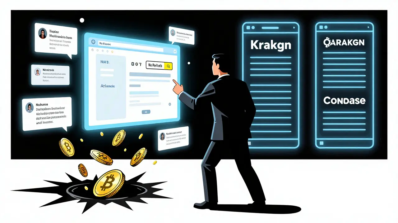 A person reaching for a fake crypto website while real exchanges shine safely behind them.