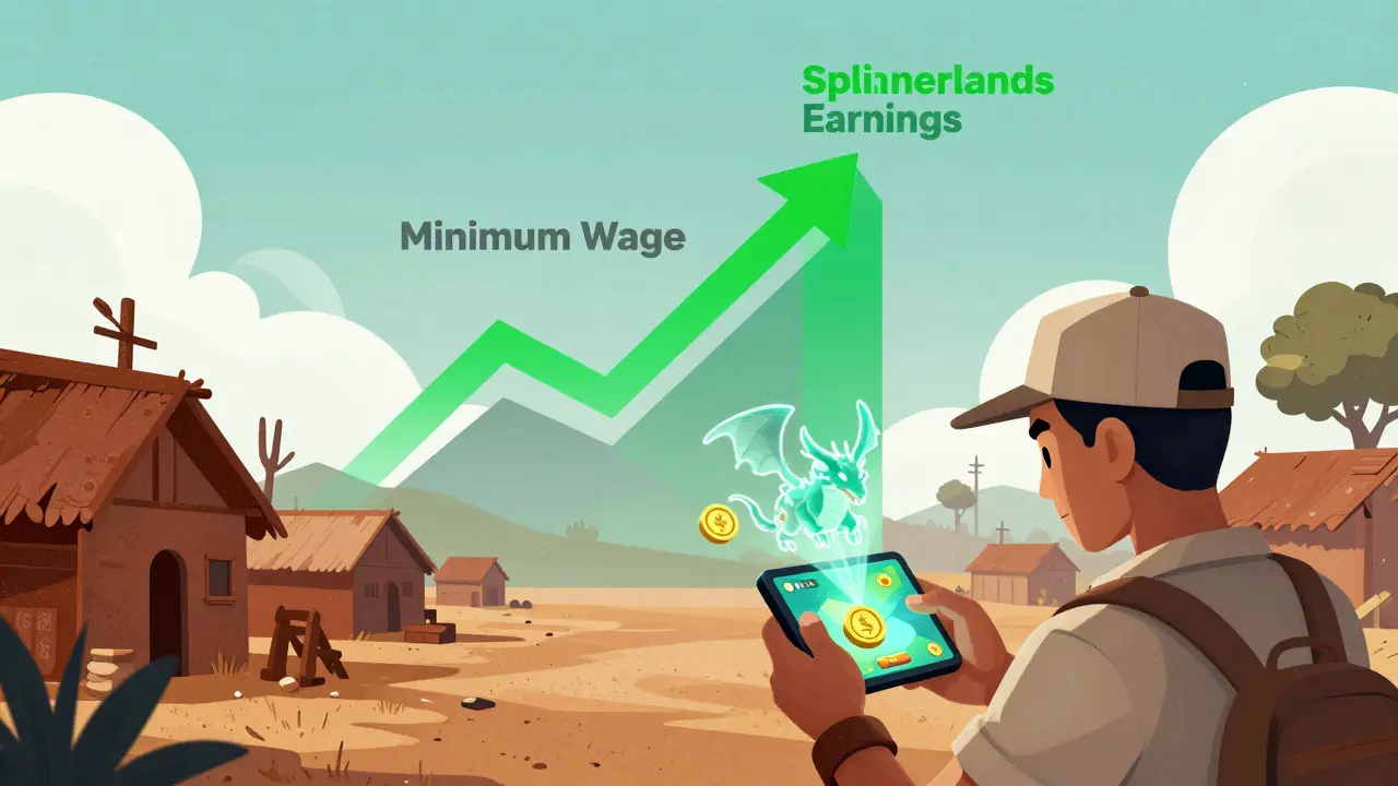 A player in a rural village earns income from a blockchain game, with holographic coins rising from their phone.