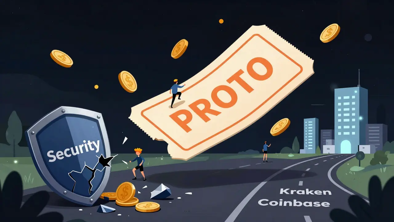 A PROTO-shaped lottery ticket floats in darkness as figures toss coins, while a broken security shield lies nearby.