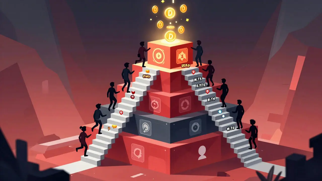 A pyramid leaderboard with players climbing quest staircases, D tokens raining from the top.