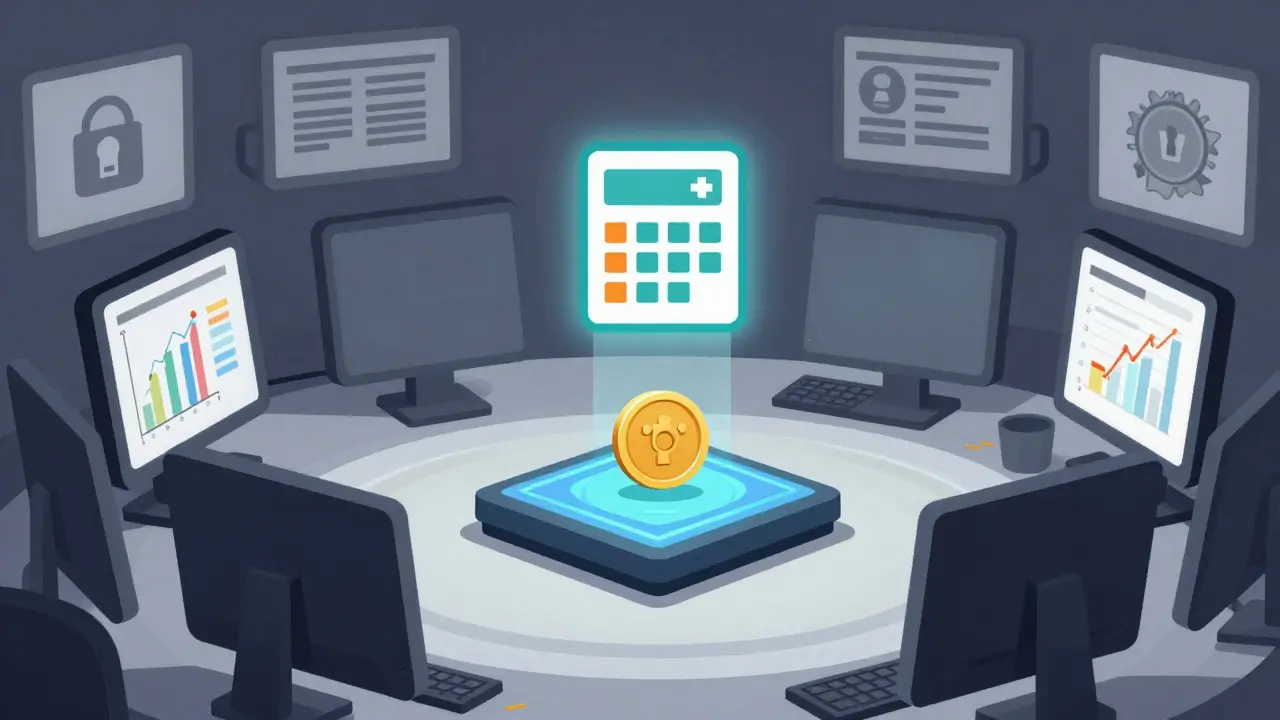 A single PROTO token trades on a flickering platform amid empty terminals, with a glowing tax calculator hovering above.