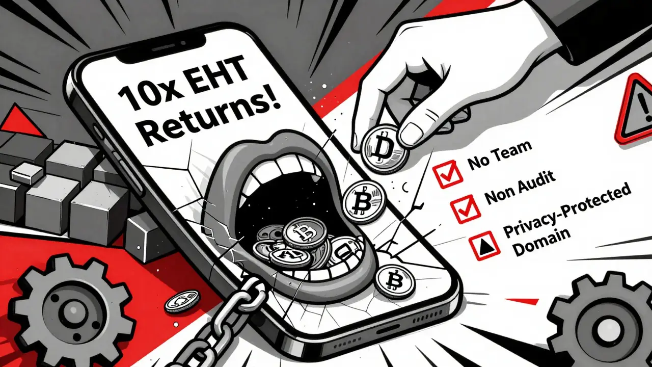 A smartphone projecting a scam ad as ETH coins vanish into a DOOAR-shaped void with red warning gears.