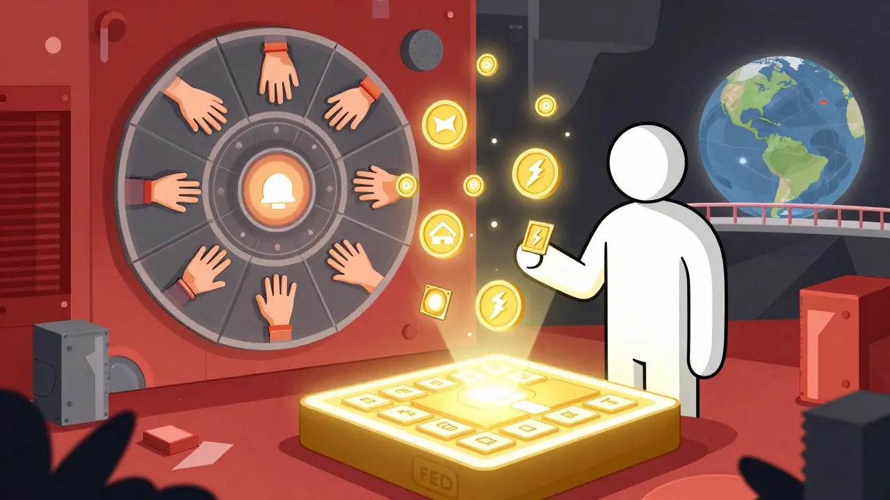 A user interacts with a blockchain ledger projecting NFTs and tokens, while a DAO voting panel hovers nearby.