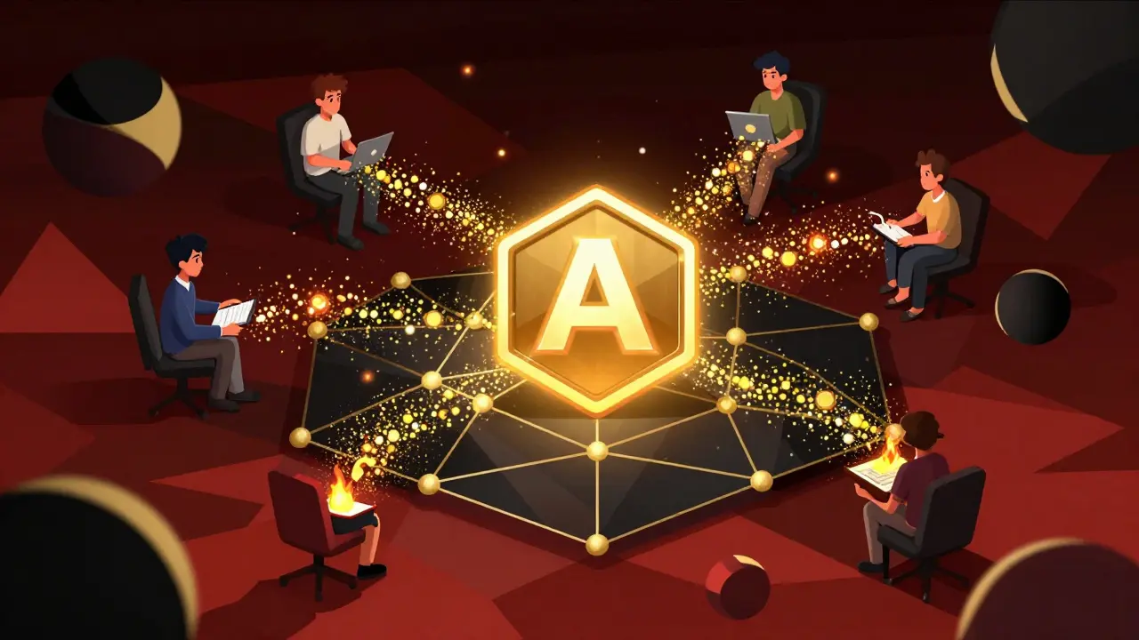 AKE token at the center of a blockchain network with burning fees and player rewards flowing around it.