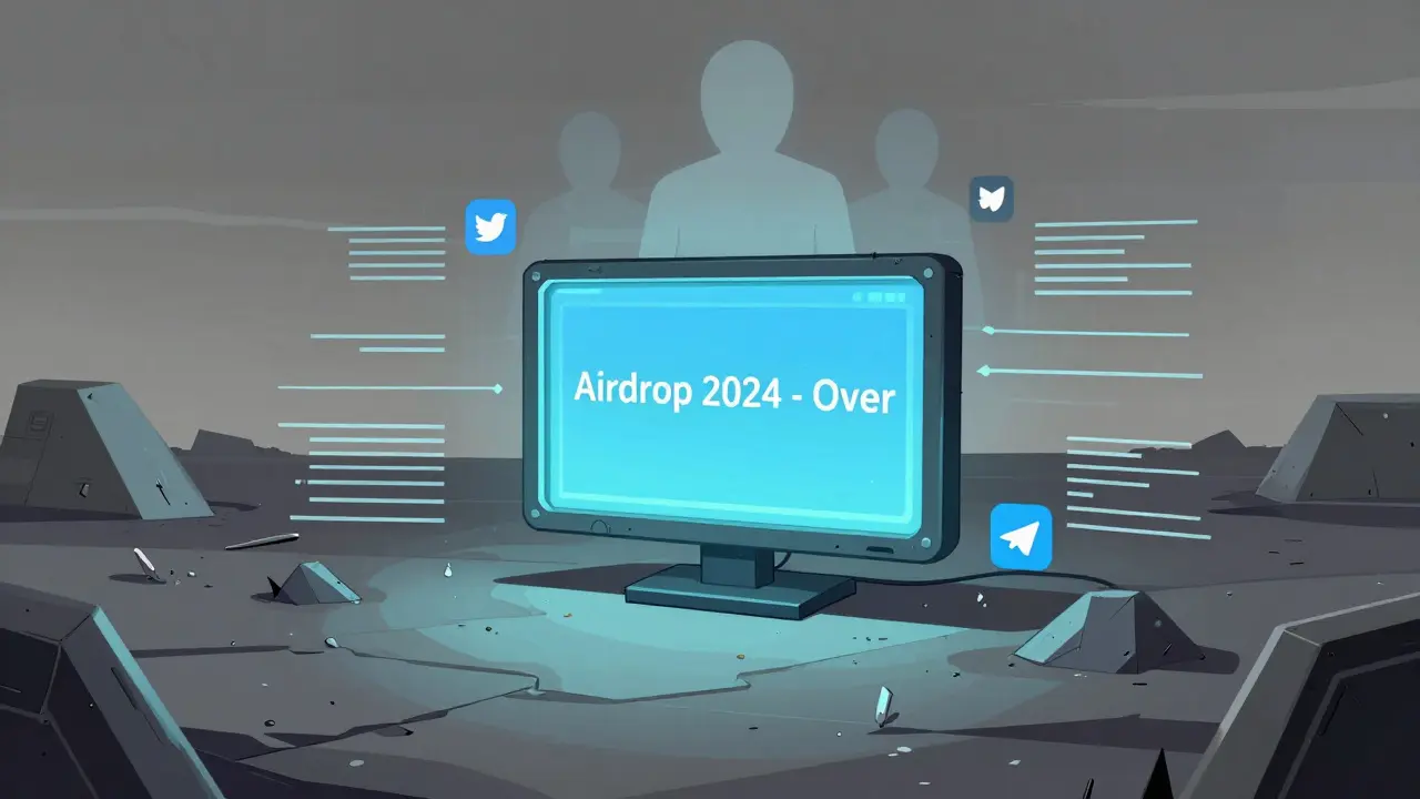 An empty digital landscape with a faded 'Airdrop 2024 - Over' screen and silent social icons.
