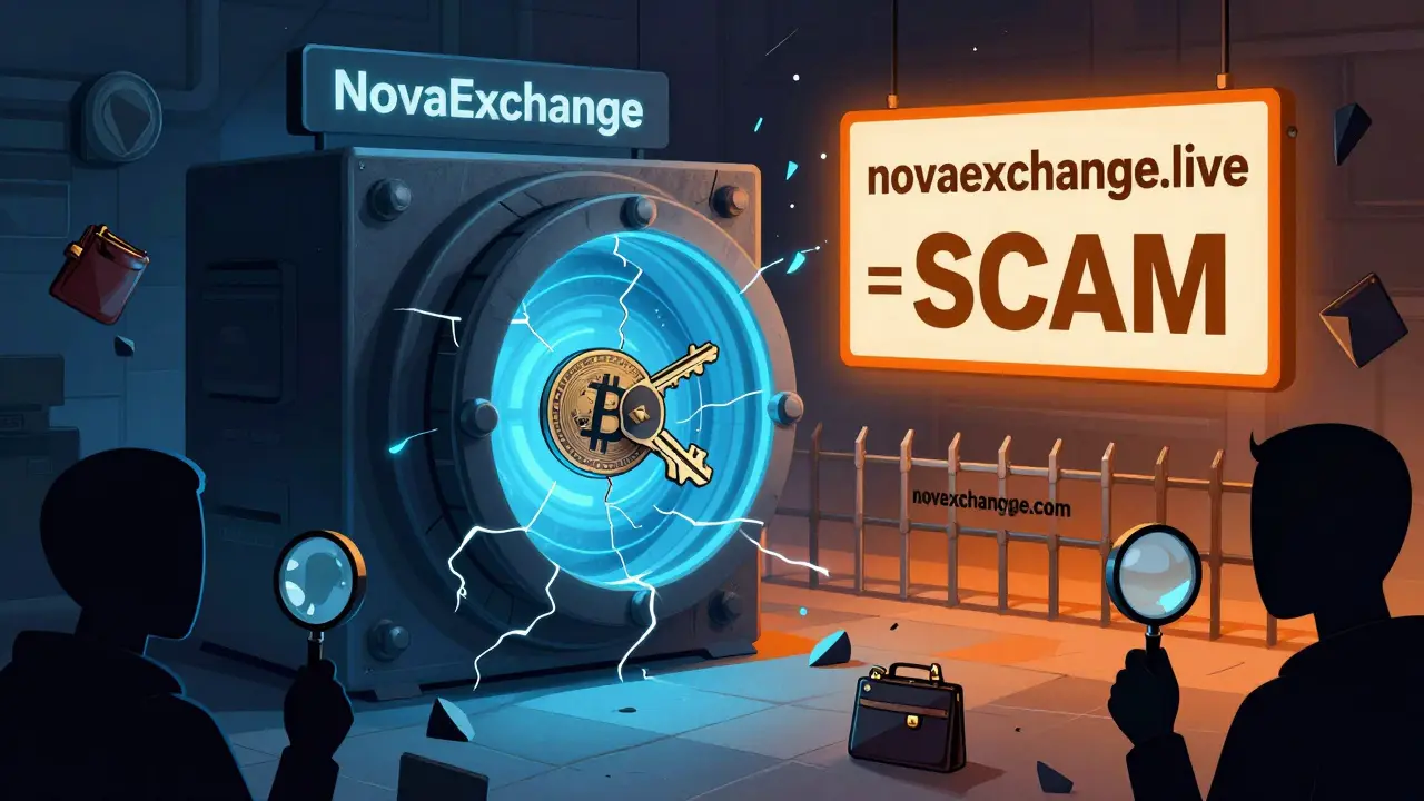 Cracked digital vault with Bitcoin keys, warning signs, and scam site contrast in Constructivist art.