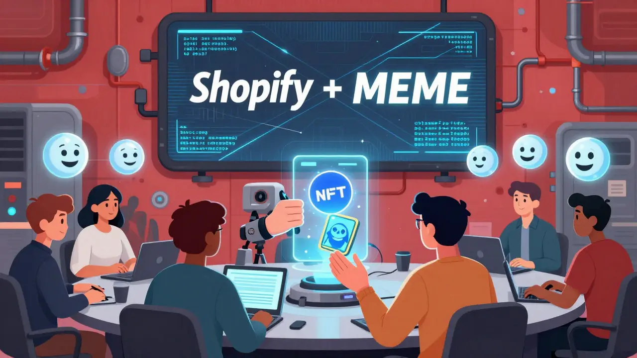 Creators building memes with holograms, MEME tokens transforming into NFTs in a Web3 workshop.