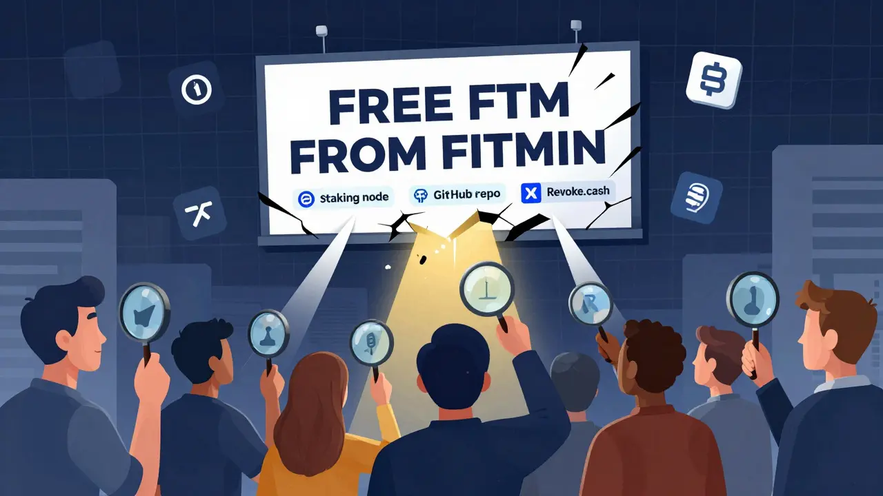 Crowd examining a crumbling fake airdrop billboard as real pathways to safe rewards emerge.