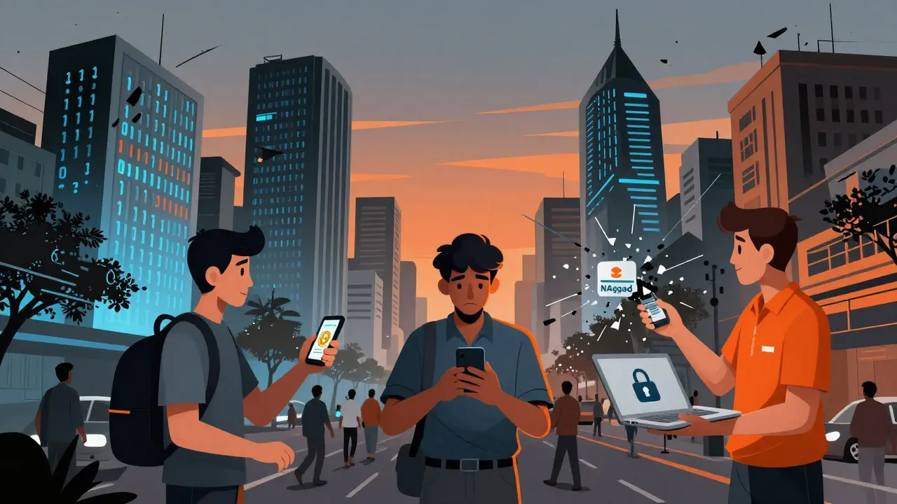 Dhaka street scene with people exchanging crypto via mobile apps, bank towers crumbling into binary code.