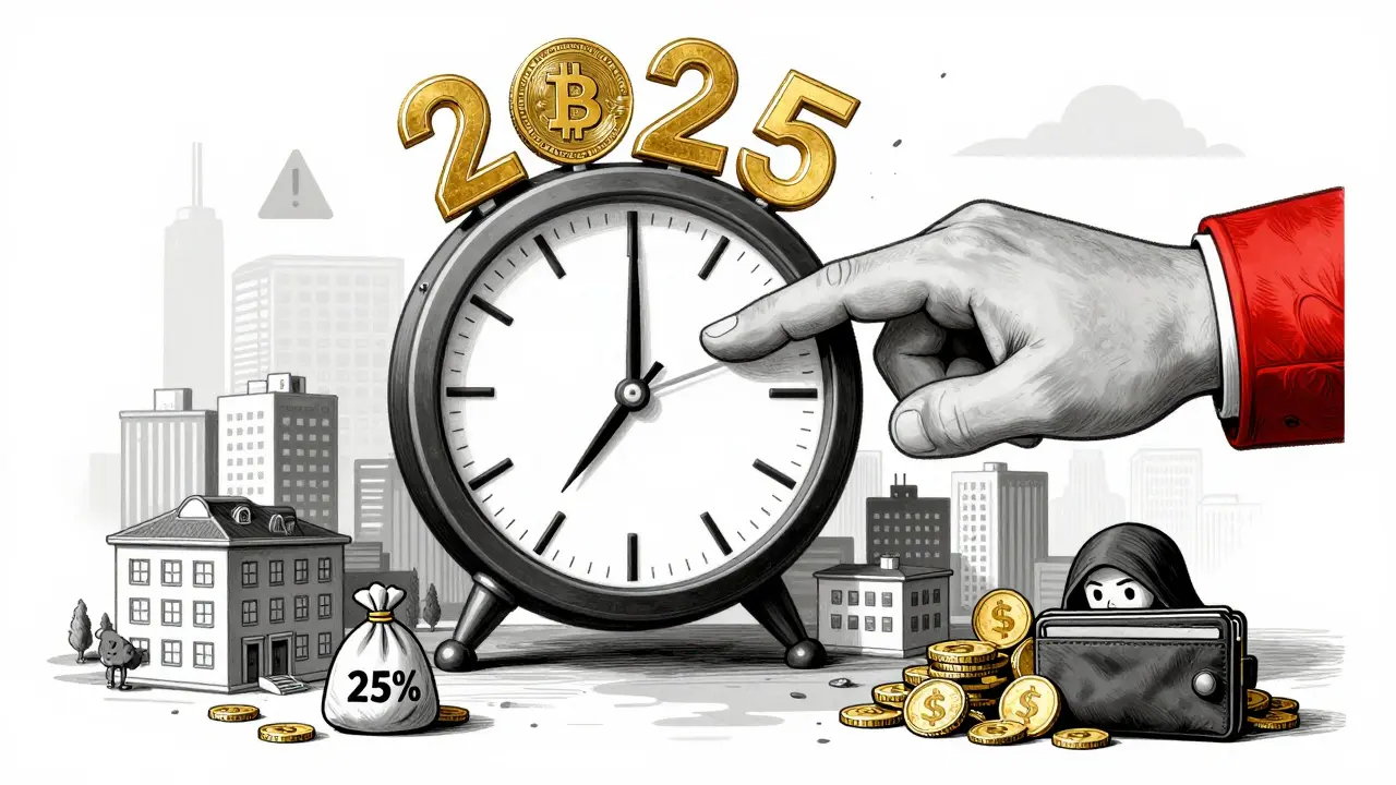 Digital clock of crypto symbols being regulated by Central Bank, businesses paying taxes