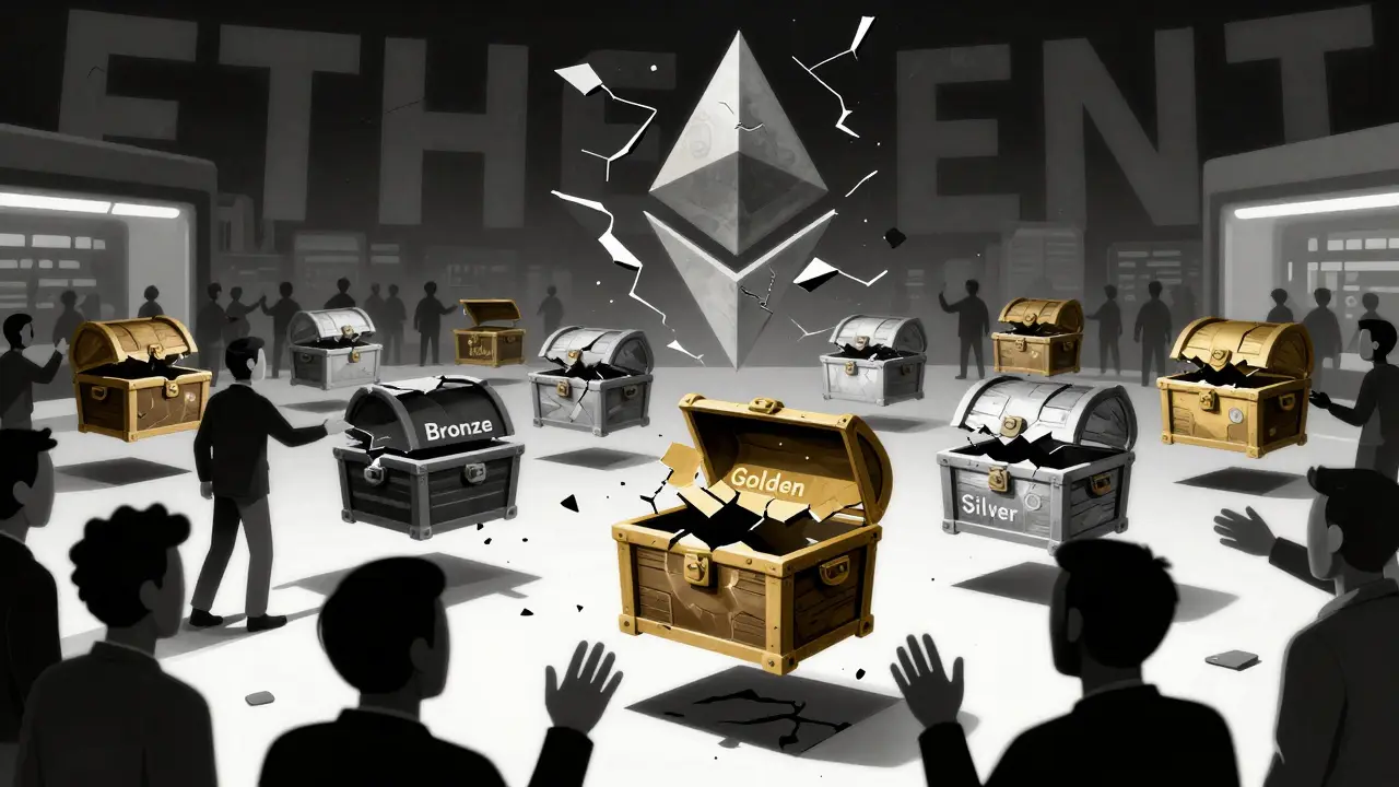 Dozens of empty NFT chests float in a marketplace as faceless avatars reach uselessly toward them.