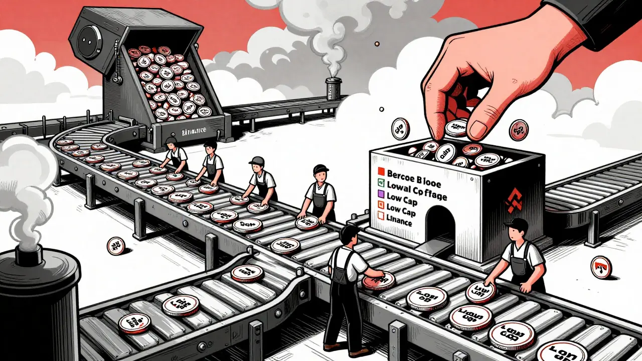 Factory conveyor belt voting system adding altcoins while bigger exchanges discard them.