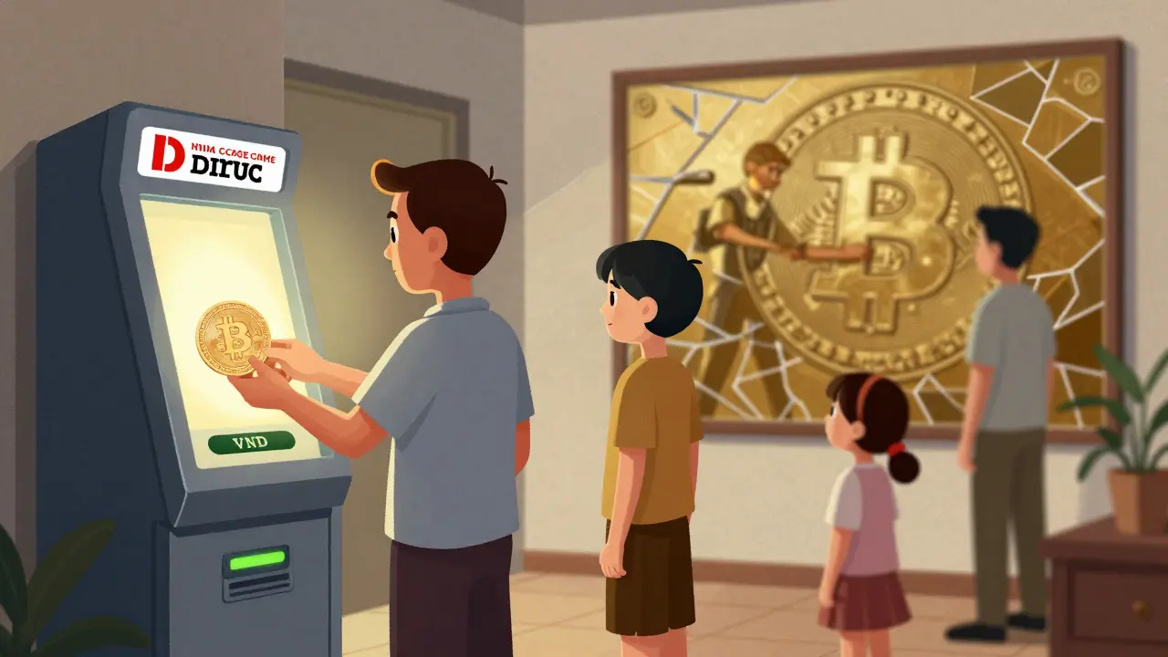 Family uses state-approved crypto terminal, inherits digital key, blurred miners fade in background.