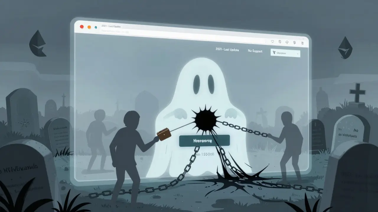 Ghost website hovering over a graveyard of expired domains with users reaching into a black hole.