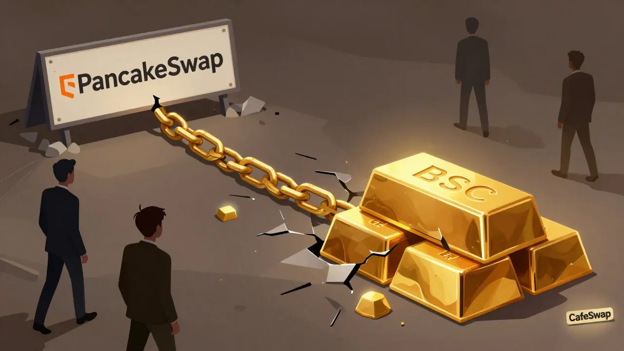 Golden chain linking physical gold to a blockchain node, with fading PancakeSwap sign in background.