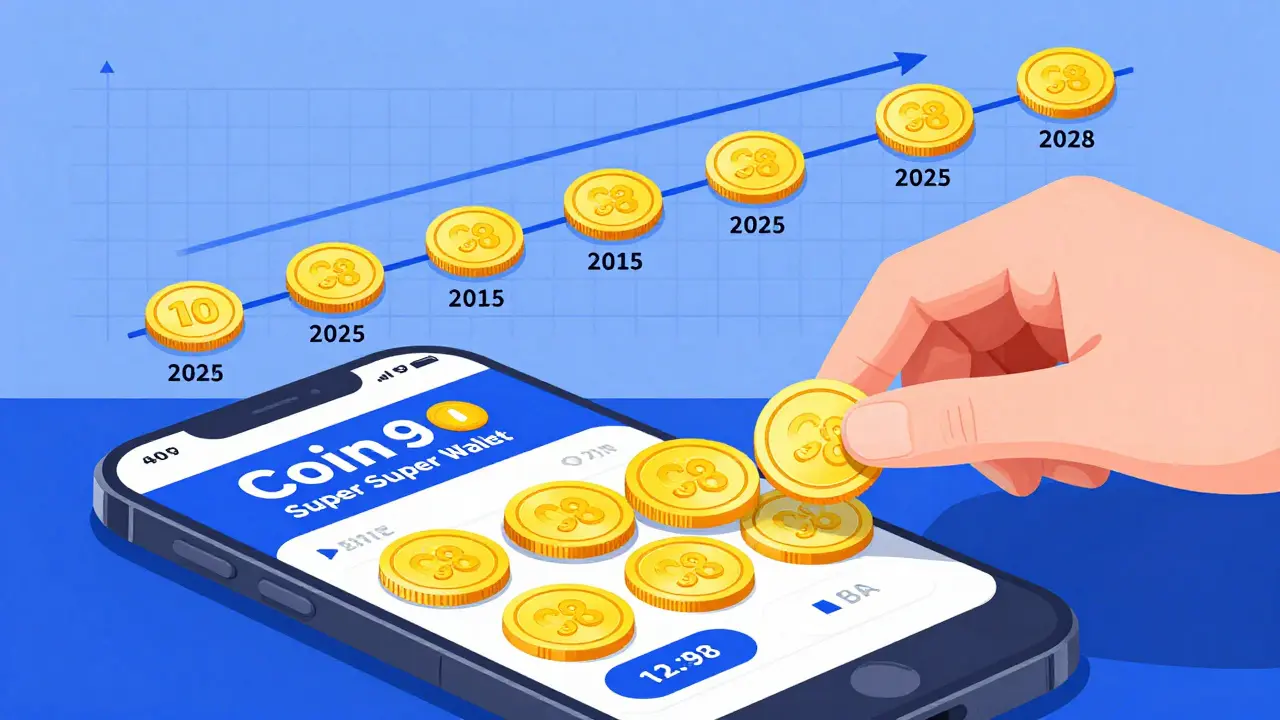 Hand depositing 10 C98 tokens into a smartphone wallet with daily snapshot timeline above.