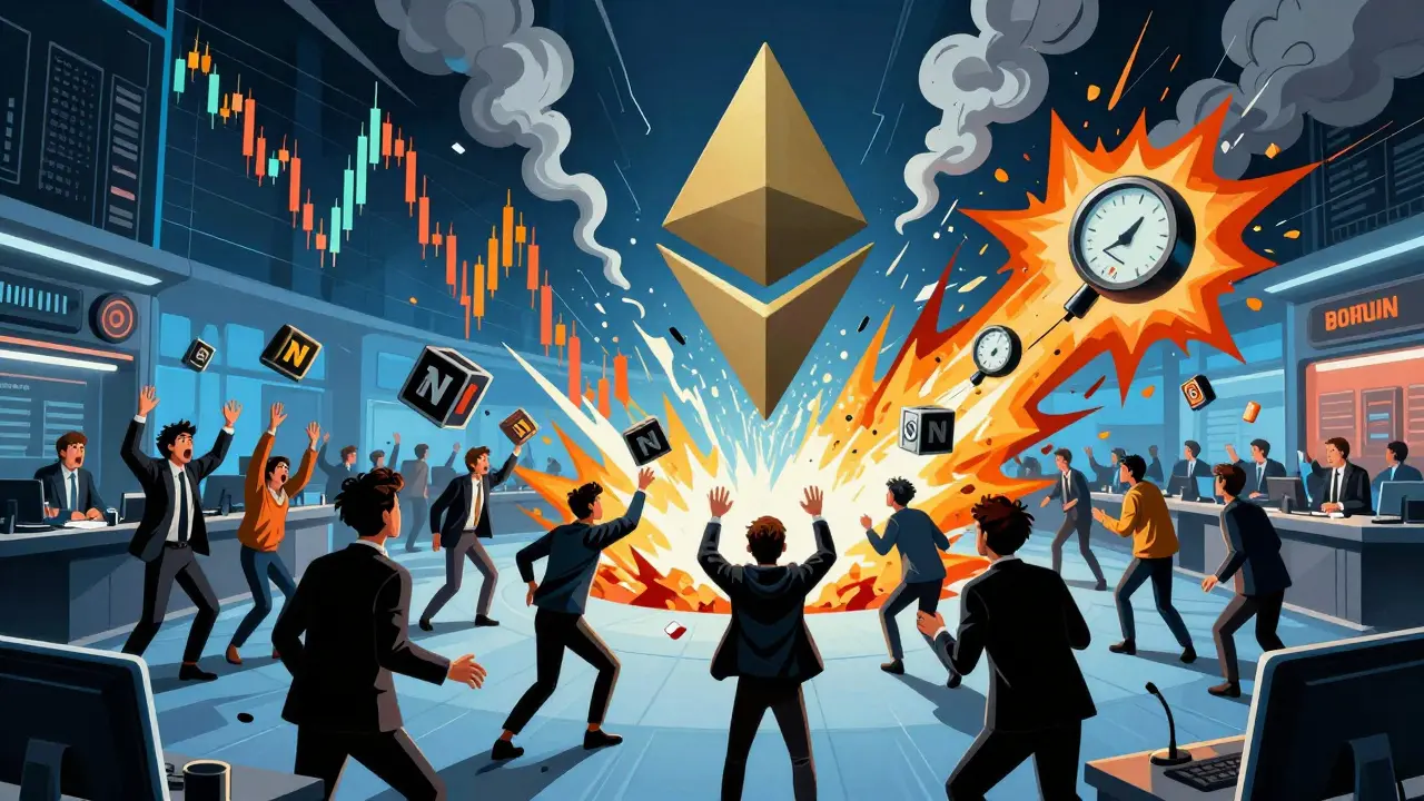 Panic in a trading floor as NFTs collapse into a price chart vortex, Constructivist illustration.