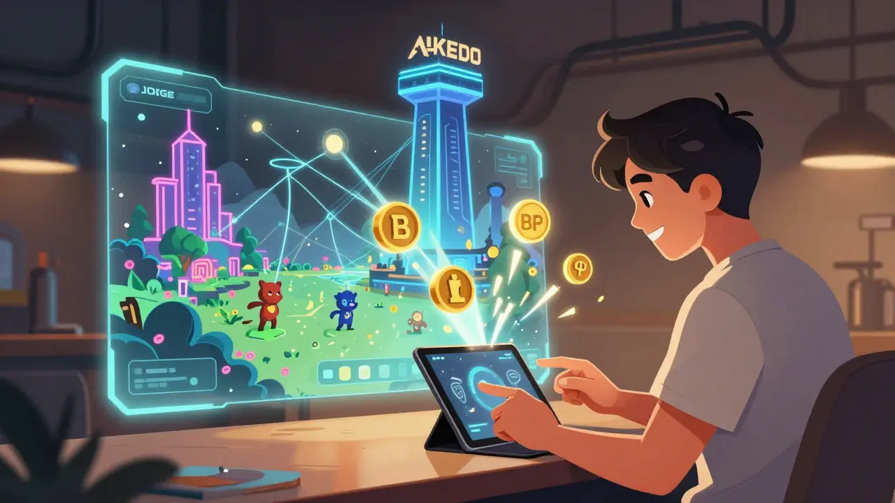 Player enjoying an AI-generated game with crypto rewards raining down, connected to a glowing AKEDO tower.