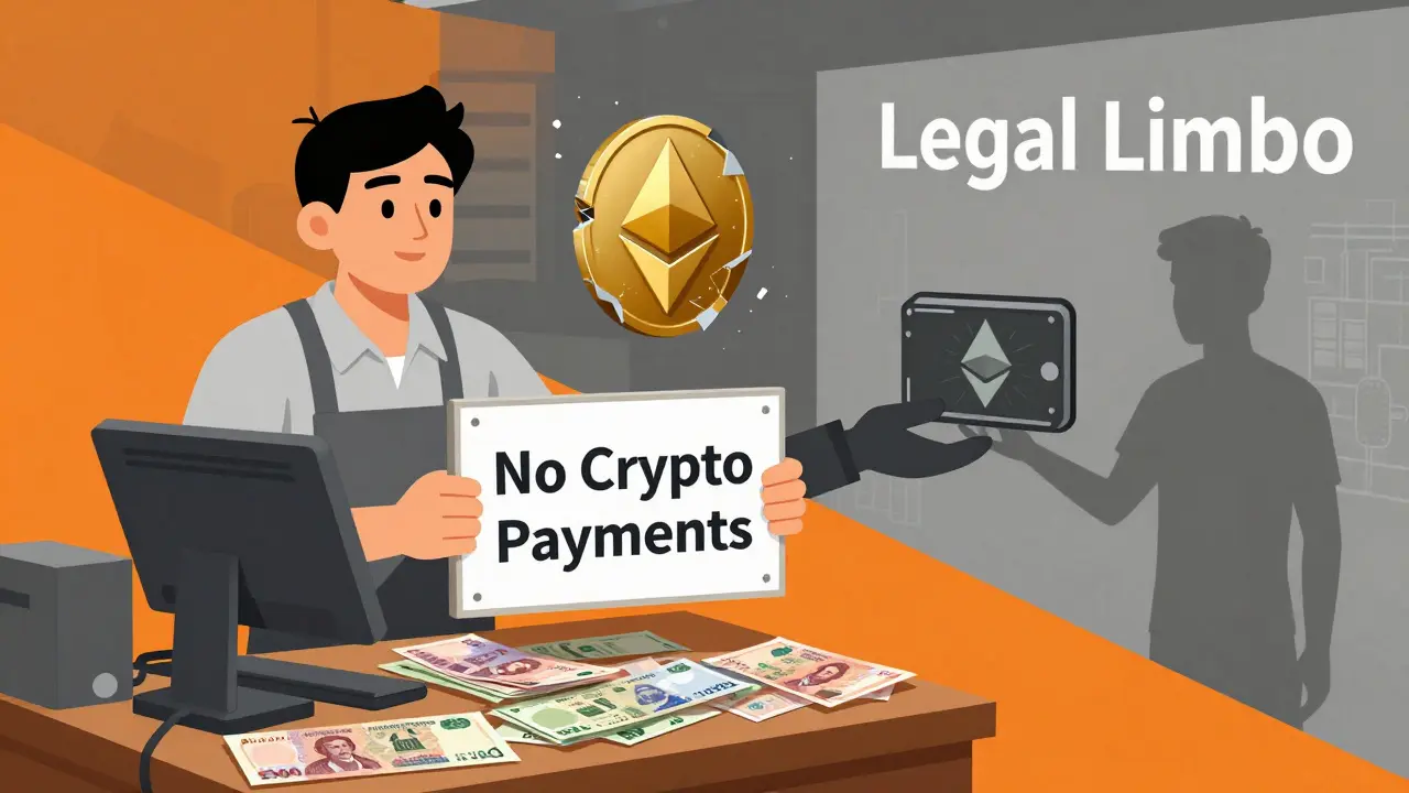 Shopkeeper rejects floating crypto token, cash register filled with Vietnamese dong, legal limbo wall in background.