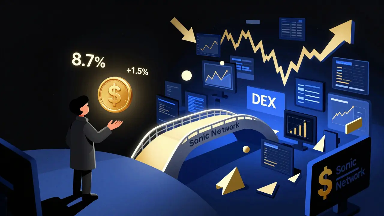 Split scene: calm stS yield on one side, chaotic DEX chaos on the other, connected by a Sonic network bridge in abstract art style.