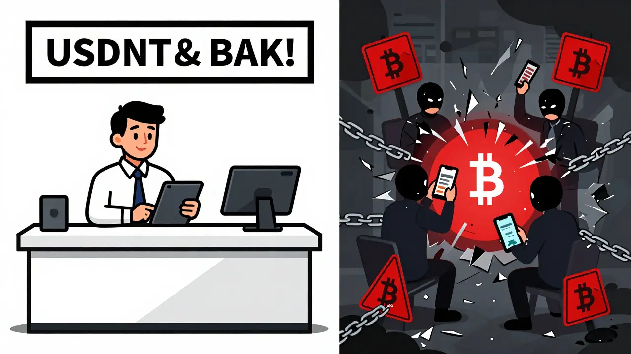 Split scene: compliant crypto transaction at bank vs. illegal peer-to-peer trade underground