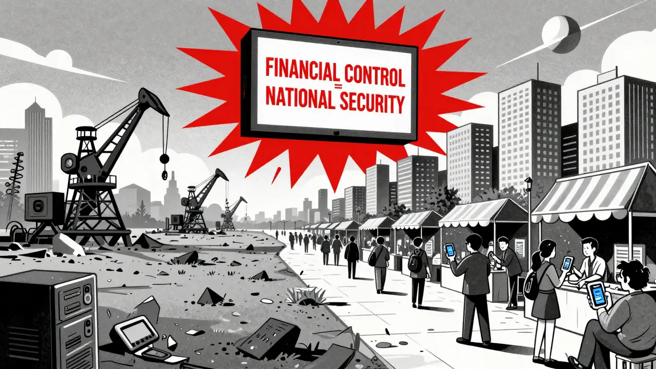 Split scene: left shows destroyed crypto mining equipment, right shows citizens using digital yuan in a modern city.