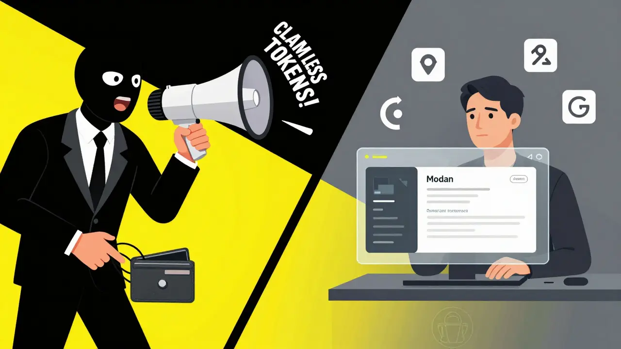 Split scene: scammer stealing wallet vs. user safely interacting with verified testnets like Monad and Abstract.