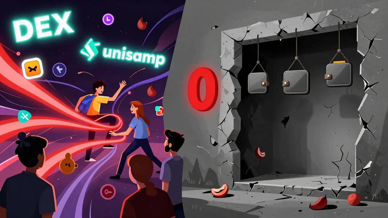 Split scene: vibrant active DEXs on one side, hollow skeleton of Oasis Exchange on the other.