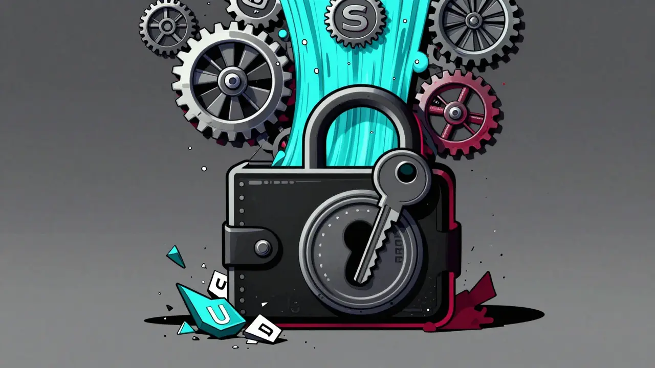 Wallet inserting a key into a BEETS lock as stS tokens power automated DeFi gears, with crumbling DEX symbols in the background.