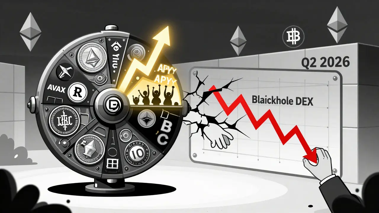 A cracking flywheel of crypto tokens, glowing with rewards on one side, falling on the other.