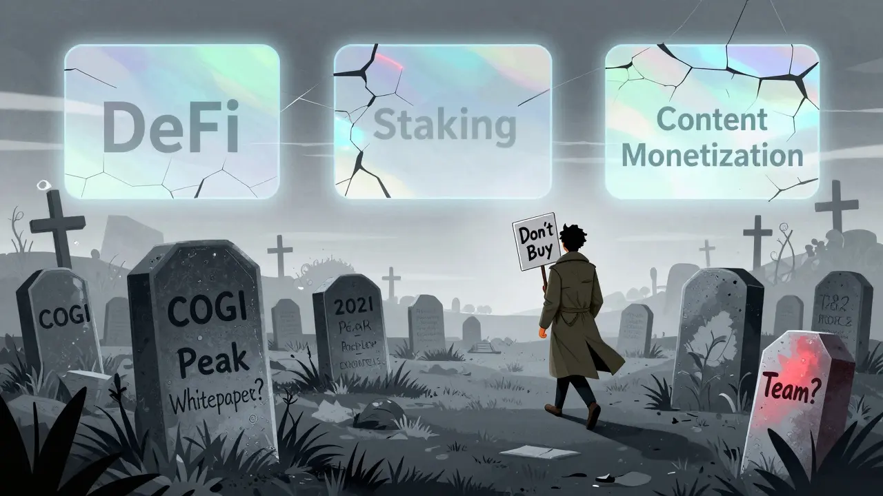 A crypto graveyard with COGI headstone under fake promises, a figure walking away with 'Don't Buy' sign.