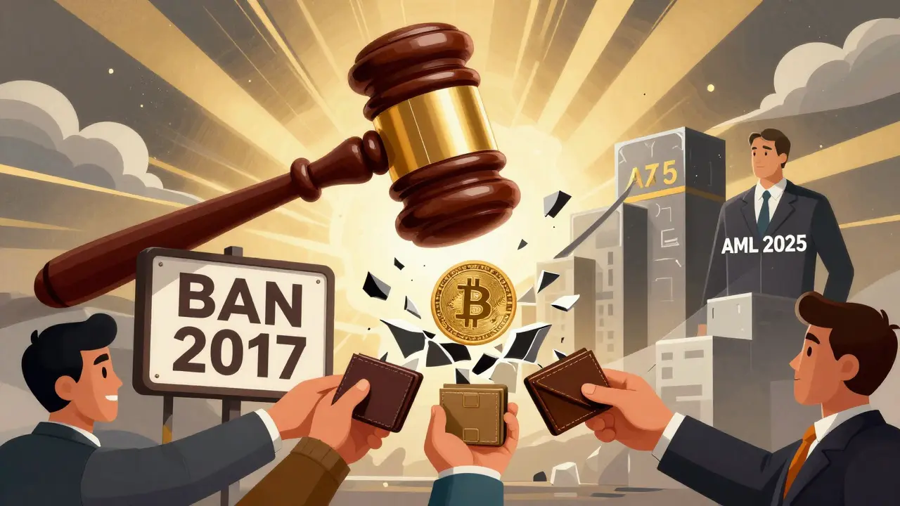 A gavel made of blockchain blocks falls over a banned crypto sign as taxes and CBDC rise.